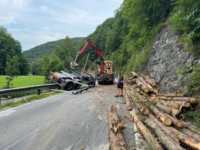 Die FF Kleinzell und ein Spezialkran der Firma Rieder im Einsatz bei der Bergung des verunfallten Holzanhängers auf der L133 | Foto: FF Kleinzell