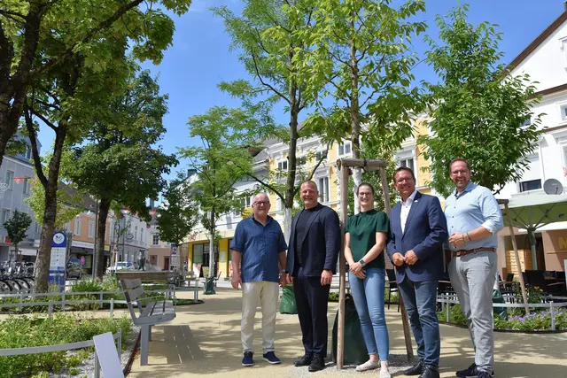 Ausschussvorsitzender Bernhard Wagner, Gemeinderat Dominic Hörlezeder, Marie Eisenstöck (Umweltreferat), Bürgermeister Christian Haberhauer und Vizebürgermeister Markus Brandstetter. | Foto: Stadt Amstetten