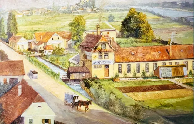 Ein Ölgemälde zeigt die Floßlendstraße um das Jahr 1900. Auf dem Bild zu sehen ist eine Dampfwäscherei. | Foto: Sammlung Kubinzky