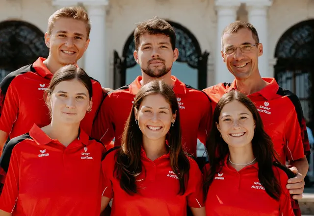 Diese sechs Freistädter vertreten Österreichs Faustballsport bei den World Games in China. Hinten von links: Marcel Wiesinger, Fabian Hofstadler und Coach Andreas Teufer. Vorne von links: Emilia Engleder, Ines Weglehner und Antonia Woitsch. | Foto: Sport Austria/Noah Bonevie