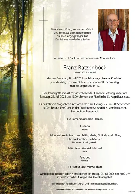 Franz Ratzenböck ist im 91. Lebensjahr friedlich entschlafen. | Foto: Ratzenböck