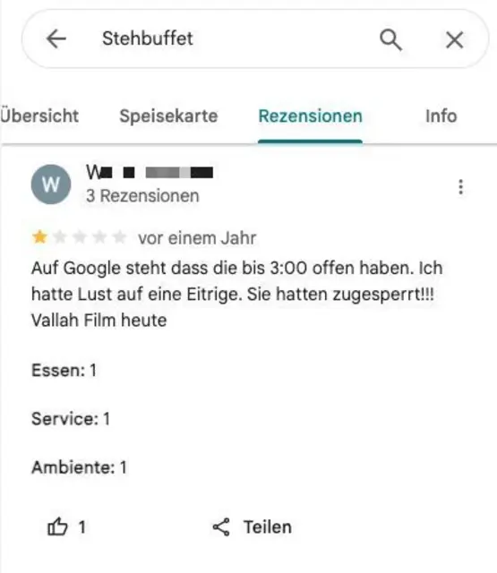 Die Enttäuschung über die Öffnungszeiten ist groß. | Foto: Screenshot Google Maps