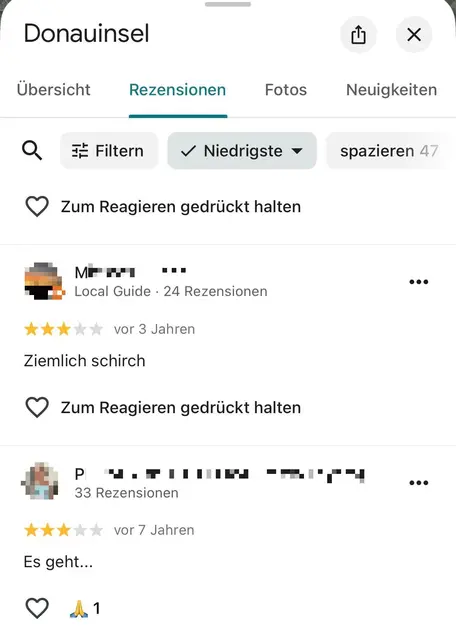 Zwei Meinungen, wenig Worte, gleich viel Sterne. | Foto: Screenshot Google Maps