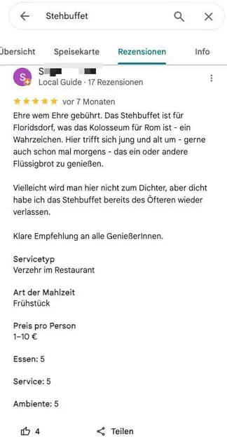 Das "Stehbuffet" ist eine altehrwürdige Institution. Da kann man kaum widersprechen. | Foto: Screenshot Google Maps