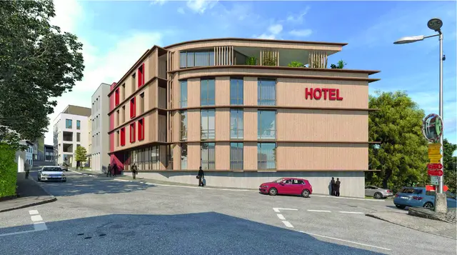 Das Hotel entsteht dort, wo sich bis 2024 das Gasthaus und die Bäckerei Wöhrer befand. | Foto: TWO IN A BOX Architekten ZT GmbH
