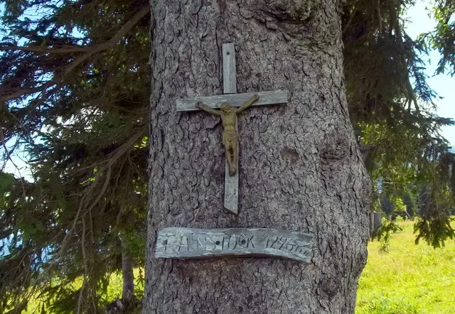Ein altes, kleines Kreuz hängt an einem Fichtenstamm des Gipfelplateaus