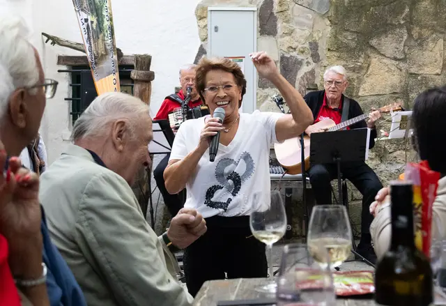 Christl Prager unterhält das Publikum des Hautzendorfer Kellergassenfestes. | Foto: Regina Courtier