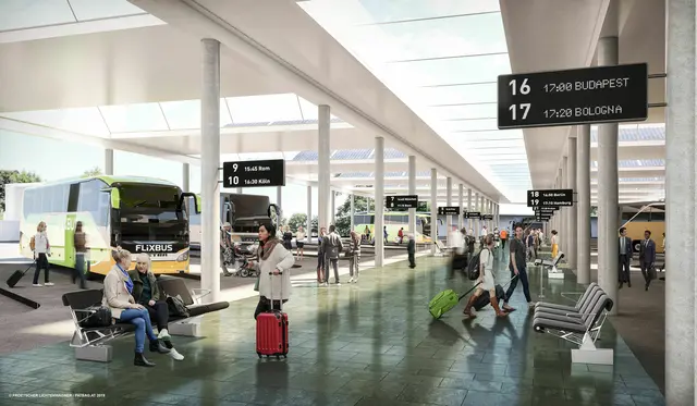 Der Wiener Fernbusterminal soll direkt neben dem   Stadion Center gebaut werden. So sah die Visualisierung des ursprünglichen Projekts aus. | Foto: FLA-PATBAG FBT