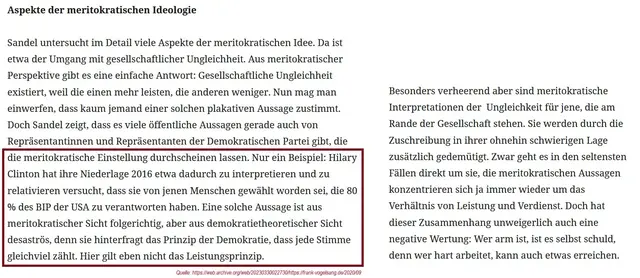 Ausschnitt aus: https://web.archive.org/web/20230330022730/https://frank-vogelsang.de/2020/09 zum Thema "Aspekte der meritokratischen Ideologie", hervorgehoben das Beispiel "Hilary Clinton".