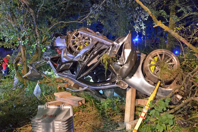 Der PKW blieb in einer Baumgruppe hängen. | Foto: BFK WT/St. Mayer