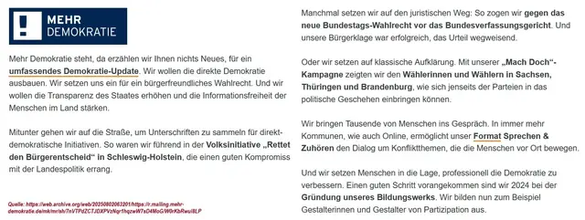 Auszug aus dem Newsletter von Mehr Demokratie e.V. am 2. August 2025: https://t1p.de/9qohf