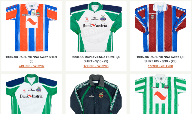 Diese Rapid-Trikots kosten bis zu 300 Euro. | Foto: Screenshot retro-football-shirt.com