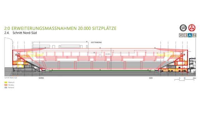 Im Norden würde der Ausbau näher an den Stadionturm herangehen, im Süden bis zur kleinen Eishalle. | Foto: Stadtbaudirektion/Referat Hochbau, Albert Wimmer ZT MBH