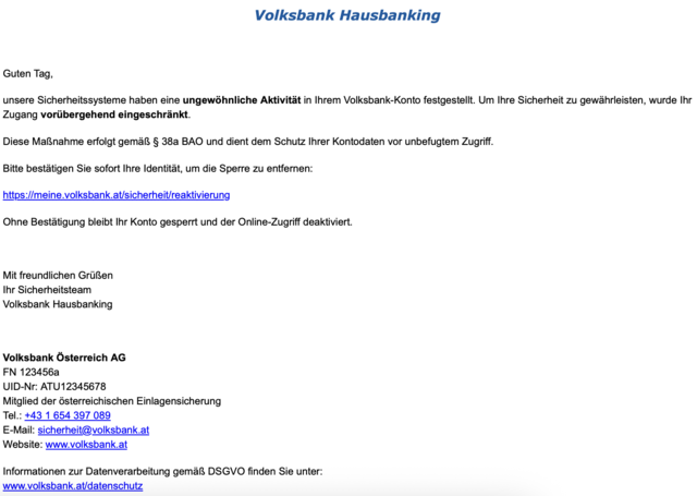 So sieht das betrügerische E-Mail aus, das angeblich von der Volksbank kommt. Die Polizei warnt.  | Foto: MeinBezirk
