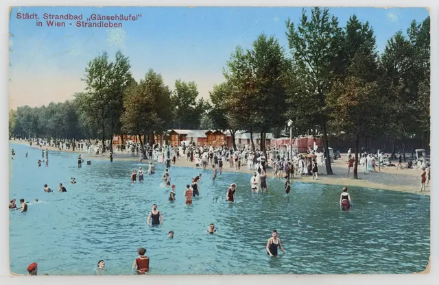 Eine Postkarte aus dem Jahr 1914 erinnert an die Anfänge des beliebten Strandbads Gänsehäufels. | Foto: Franz Schöler