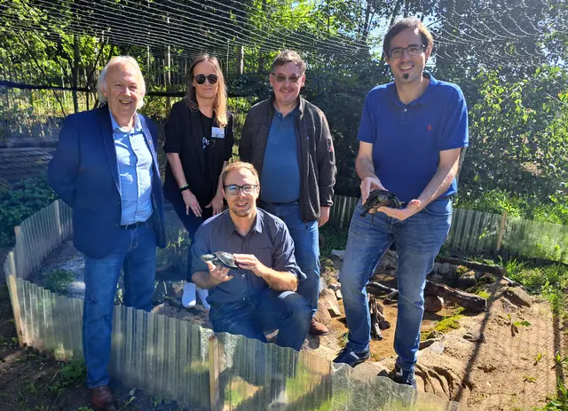 Stadtrat Walter Hoffmann, GF Christiane Mader, GF Thomas Kainz, Vizebürgermeister Franz Pichler und Bürgermeister David Süß mit den Schildkröten. | Foto: UnterWasserReich