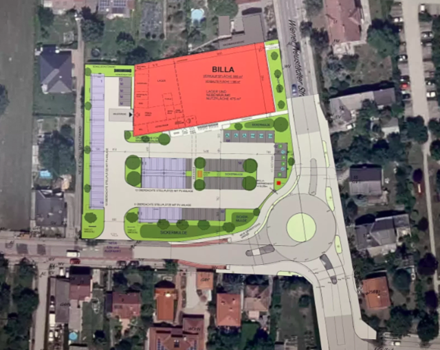 Dieser Entwurf wurde bei der Infoveranstaltung im Ex-Lagerhaus von den Firmen con.sens und kosaplaner öffentlich präsentiert. In Rot: das 1000 Quadratmeter-Verkaufslokal, rechts vorne der Kreisverkehr mit den Querungshilfen, jedoch ohne Schutzwege. Ganz rechts der Abbiegestreifen zum Bereich Veilchengasse/Viertelgraben. | Foto: Stockmann