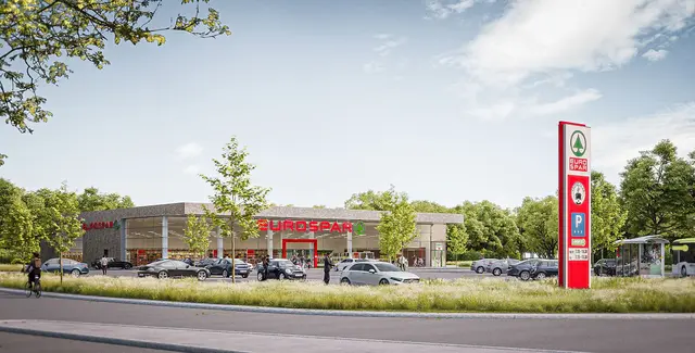 Visualisierung des künftigen EUROSPAR-Standorts mit begrüntem Parkplatz, Photovoltaikanlage und E-Ladestationen. | Foto: SPAR