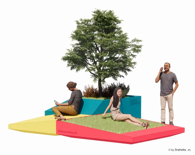Die sogenannten Urban Blooms (bunte Holzmodule) bestehen aus mehreren Elementen mit unterschiedlichen Funktionen. | Foto: Innsbruck Tourismus / Randall Media Factory / Eduardo Espinosa