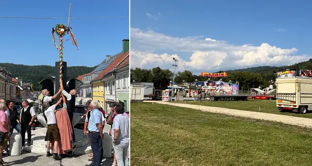 Zwei Wochen vor dem Bleiburger Wiesenmarkt wird feierlich die Freyung aufgestellt – heuer am Samstag, 16. August. Auf der Marktwiese finden die ersten Aufbauarbeiten statt. | Foto: MeinBezirk.at (2)
