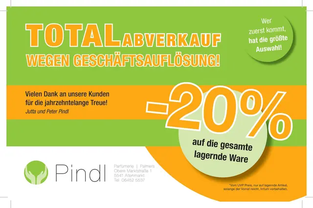 Nach 70 Jahren erfolgreichem Bestehen schließt die Parfümerie Pindl in Altenmarkt im Oktober 2025 ihre Türen. Aus diesem Anlass findet ein großer Totalabverkauf statt. | Foto: Pindl