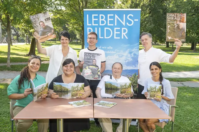 17 Geschichten zeichnen das Leben von Grazerinnen und Grazern und somit die Vielfalt der Stadt auf. Am Foto: Maryam Mohammadi (Fotografin), Alexandra Lambrecht (Integrationsreferat), Elif Yalcinkaya, Robert Krotzer (Integrationsstadtrat), Hugo Höbel, Joachim Hainzl (Verein Xenos), Kavita Sandhu (Leiterin Integrationsreferat) (v. l.) | Foto: Stadt Graz