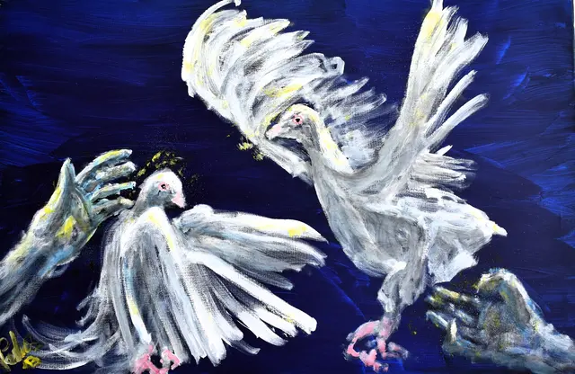 Mundmaler Paulus Ploier, Vollmitglied der Vereinigung der mund- und fußmalenden Künstler in aller Welt, stellt derzeit in Gerlingen aus. Das Kunstwerk aus der Serie "Krieg und Frieden" mit dem Titel "Friedenstauben" in der Technik: Mundmalerei Acryl auf Leinen (Größe 80 cm x 60 cm) findet besonders viel Beachtung. | Foto: www.paulus-art.at