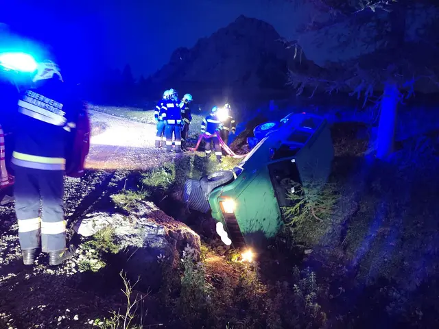 Das Auto rutschte in einen Graben neben der Straße.  | Foto: Freiwillige Feuerwehr Feistritz im Rosental