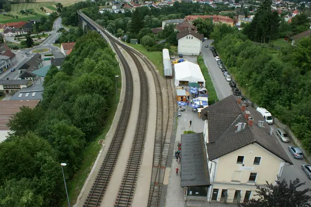 Das Zwettler Bahnhofsgelände von oben aus einem Feuerwehrkran fotografiert. | Foto: Tanja Schweigler