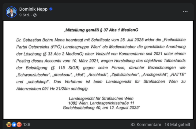 Das Wiener Landesgericht leitete ein Verfahren gegen den Medieninhaber von Dominik Nepps Facebook-Seite mit knapp 100.000 Followern ein. | Foto: Facebook / Screenshot