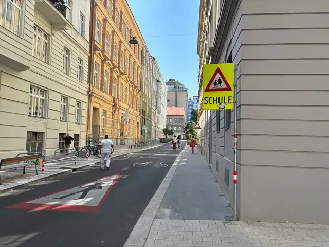 Im Juni wurden im Zuge der Neugestaltung des Vorplatzes großflächige Bodenmarkierungen sowie ein Verkehrsschild auf Höhe der Schule angebracht. | Foto: Matthias Pandrea