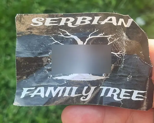 Ein Aufkleber, der eine aufgehängte serbische Familie mit der Aufschrift "Serbischer Stammbaum" zeigt, wurde auf einem Döblinger Kinderspielplatz gesichtet. | Foto: zVg