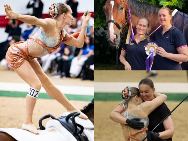 Die Freude bei Sabine Kuntner, ihrer Longenführerin Miriam Hilbert und ihrem Pferd Rocco über den EM-Erfolg waren riesig. | Foto: zVg/Collage MeinBezirk