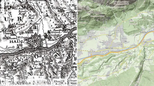 Vergleich einer historischen Karte mit aktueller Karte: Links zu sehen ist der Atlas Tyrolensis von Peter Anich und Blasius Hueber aus dem Jahr 1774, rechts zu sehen ist die aktuelle Karte von Tirol. | Foto: Land Tirol