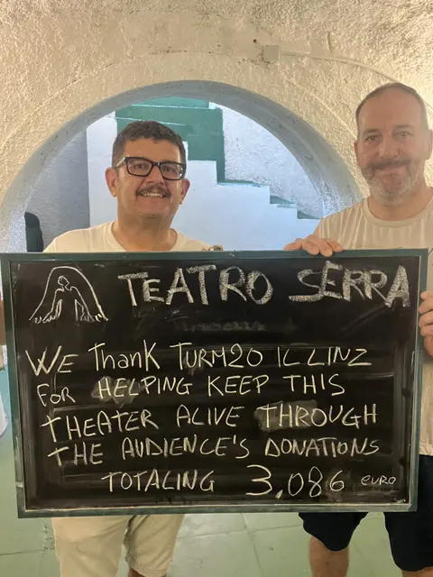 Pietro Tammaro und Mauro Palumbo vom Theater Serra aus Neapel bedanken sich für die Spenden aus Linz. | Foto: Theater Serra