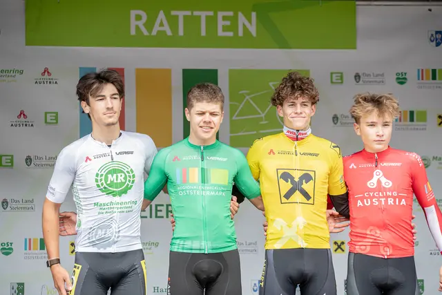 Die Wertungstrikots der Radjugendtour Oststeiermark: Noah Roels, Marwan Karim Barhoumi, Vic de Smet, Ruben Friedl (v. l.) | Foto: Peter Maurer/Cycling Austria