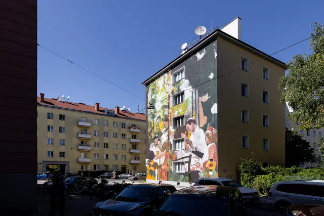 Neun Murals sind in Meidling entstanden. Wie jenes in der Ruttenstockgasse 4 von Mohamed L' Ghacham aus Spanien. | Foto: Jolly Schwarz/ Calle Libre