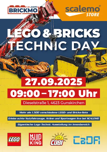 Am 27.09.2025 ist es soweit! BRICKMO.com lädt zum LEGO &amp; BRICKS TECHNIC DAY in den SCALEMO Store Gunskirchen. Mehr als 1.500 Sets, echte Trucks, Kräne &amp; Sportwagen live und eine gigantische LEGO Technic Ausstellung erwarten dich! | Foto: Brickmo.com