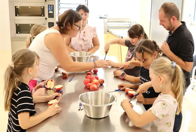 Bitte den Apfel auf die Platte legen und ganz fein zerschneiden
