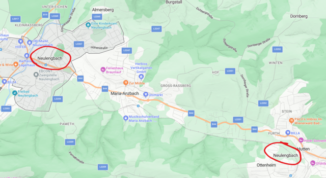 Auf der Karte von der Plattform Bing ist anstelle von Eichgraben ein zweites Neulengbach.
 | Foto: Screenshot: Stritzl