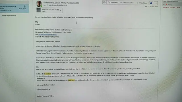 Stefan Richterschitz hat diese Mail an die Bezirkshauptmannschaft als Reaktion auf sein Strafmandat während seines Hochwassereinsatzes geschickt. | Foto: Stefan Richterschitz