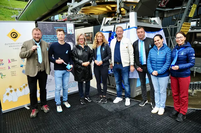 V.l.nr.: GF Krebshilfe Tirol Florian Klotz, Hannes Reichelt, LA Beate Scheiber, LR Eva Pawlata, BGM Hansjörg Peer, GF Muttereralm Bergbahnen Petr Nikl, Prof. Isabel Heidegger-Pircher | Foto: Hassl