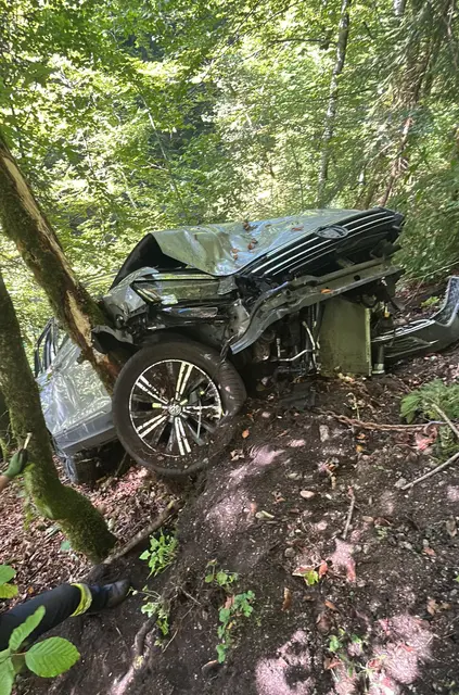 Eine Lenkerin kam mit ihrem Pkw von der Straße ab, schlitterte über das Bankett und sprang über die Böschung. | Foto: OLM d.V. Dominik Ganser – FF Palfau