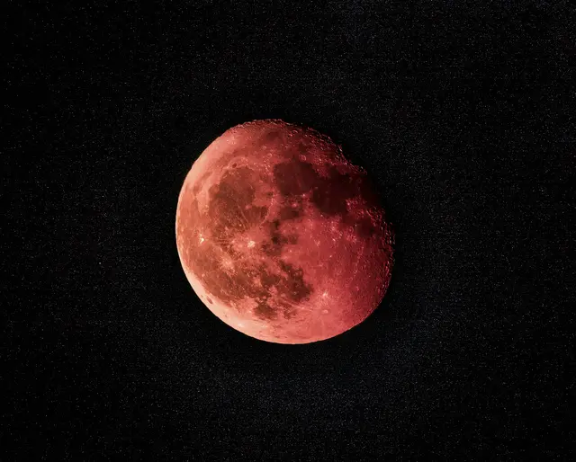 Ein Blutmond ist ein besonderer Zustand des Vollmonds, der während einer totalen Mondfinsternis auftritt. Dabei erscheint der Mond für kurze Zeit rötlich oder kupferfarben.  | Foto: Unsplash/ Zoltan Tasi