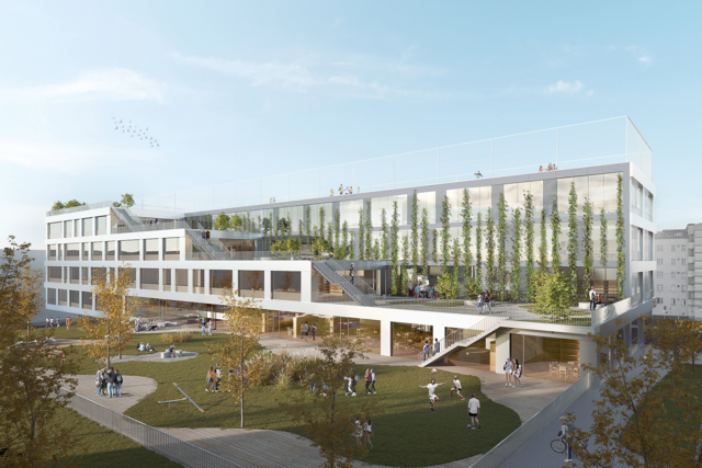 So soll sich die AHS beim Village im Dritten nach ihrer Fertigstellung präsentieren. (Rendering) | Foto: Kronaus Mitterer Architekten