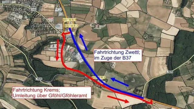 Asphaltierungsarbeiten führen zur halbseitigen Sperre der B37 zwischen der Kreuzung Mittelberg und der OMV-Tankstelle. In Fahrt Richtung Krems wird der Verkehr über die "alte Straße" örtlich umgeleitet | Foto: NÖ Straßendienst