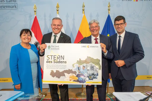 3. Kärnten-Steiermark-Konferenz in Klagenfurt: LH-Stv. Manuela Khom, LH Mario Kunasek, LH Peter Kaiser und LH-Stv. Martin Gruber (v.l.)  | Foto: LPD Kärnten/Gleiss