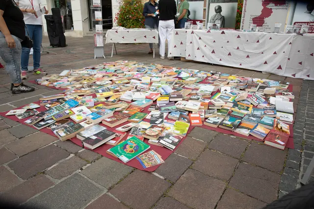 Bücher vor dem Rathaus Eisenstadt im Zuge der BookCrossing-Aktion der Burgenländischen Volkshochschulen anlässlich des Weltalphabetisierungstages 2025. | Foto: Landesmedienservice Burgenland/Daniel Fenz