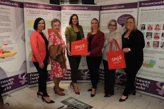 v.l. SPÖ-Bezirksgeschäftsführerin Carmen Krutzler, Bürgermeisterin Renate Habetler, Landtagspräsidentin Astrid Eisenkopf, Vizebürgermeisterin Olivia Kaiser, SPÖ-Landesgeschäftsführerin Sandra Gerdenitsch und SPÖ-Frauenvorsitzende Denise Krammer. | Foto: Angelina Kaiser