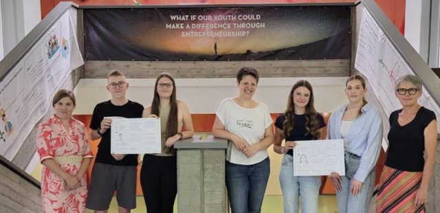 Vlnr: Mag. Stefanie Frischauf-Busta, Maximilian Flandorfer, Anna Bischinger, Theresa Lichtenegger (Entrepreneurin), Redl Leonie, Nezirovic Lejla, Mag. Gabriele Lukesch | Foto: BHAK BHAS Horn